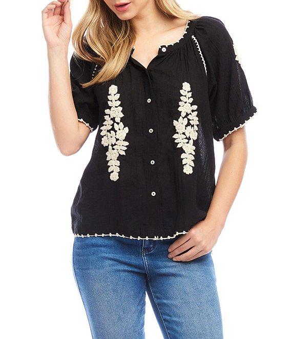 Karen Kane Scoop Neck Short Puff Sleeve Stitched Embroidery Peasant Button Front Top Product Image