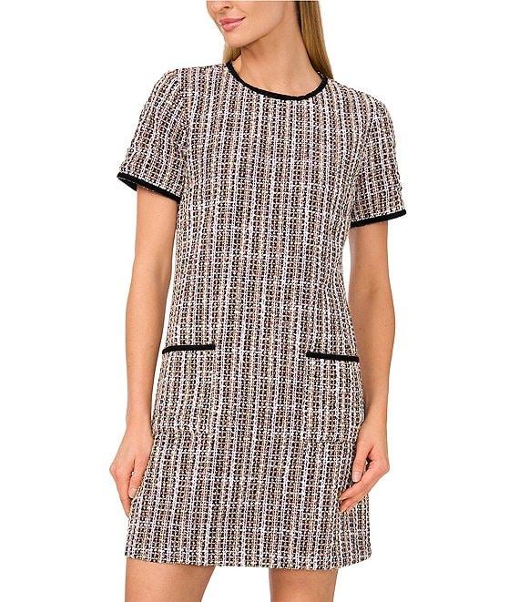 CeCe Tweed Crew Neck Short Sleeve Contrast Trim Shift Dress Product Image