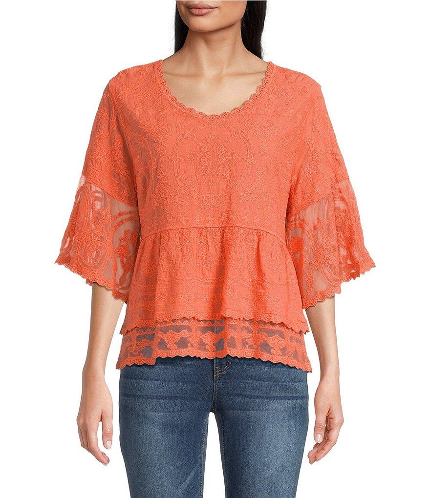 Democracy Allover Embroidered Scoop Neck 3/4 Sleeve Scallop edge Double Layer Hem Peplum Top Product Image