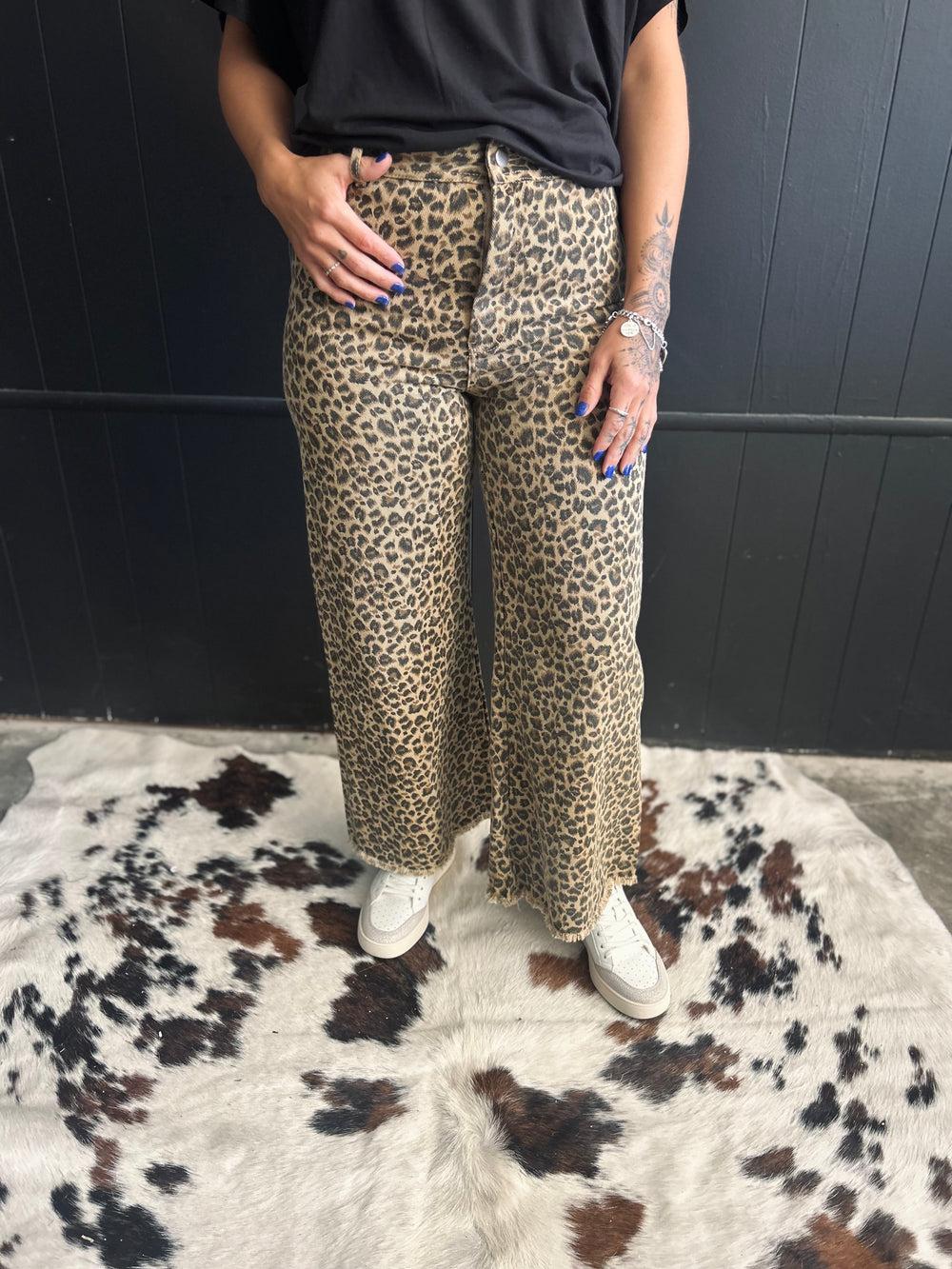 High Rise Leopard Twill Frayed Hem Wide Leg Pants Product Image