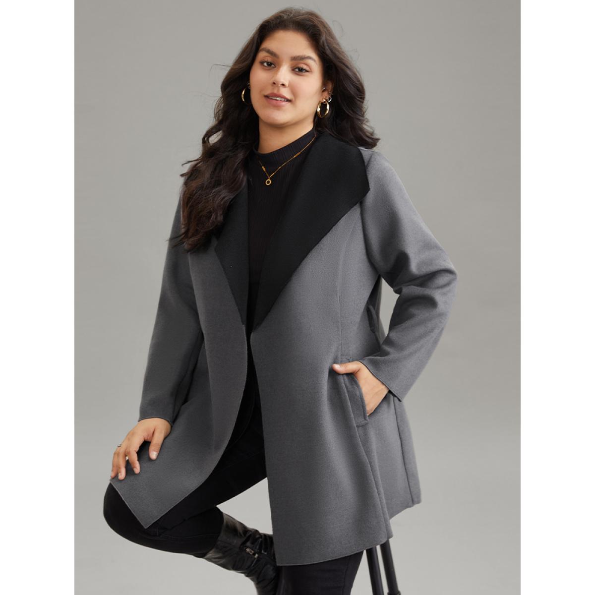 Plus Size Lapel Collar Contrast Belted Coat Women Gray Elegant Belted Ladies Everyday Winter Coats BloomChic 28/5X Product Image