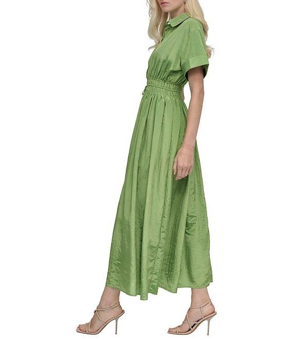 DKNY by Donna Karan Point Collar Neck Short Sleeve Cinch Waist Button Front Shirt Maxi Dress Product Image