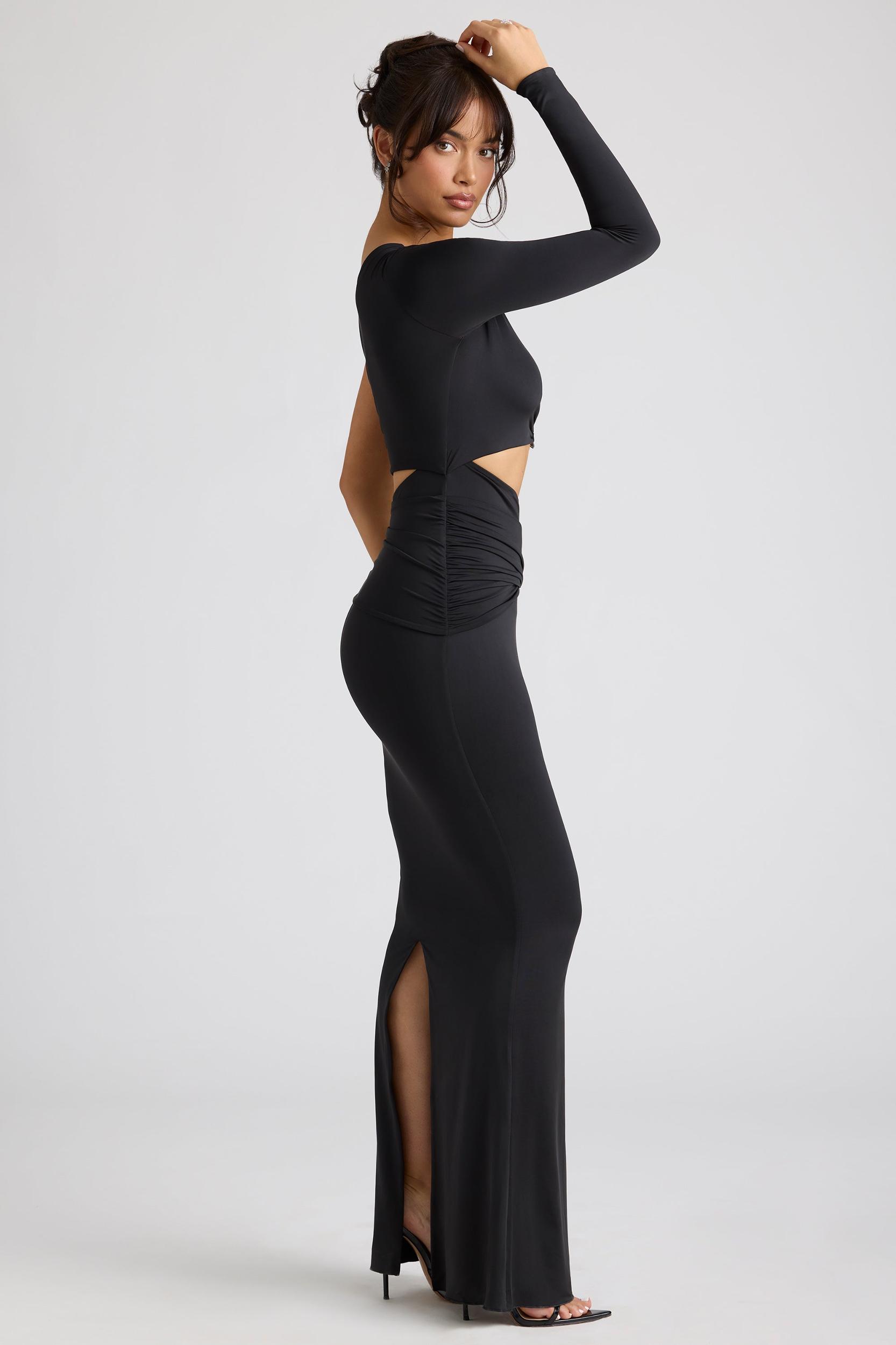 Single Sleeve Cut Out Evening Gown in Black Product Image