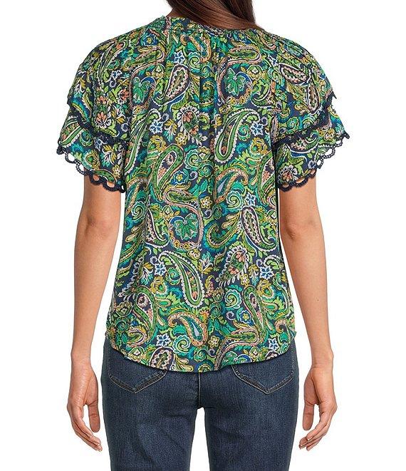 Democracy Paisley Print Smocked Split V-Neck Lace Trim Double Flounce Sleeve Top Product Image