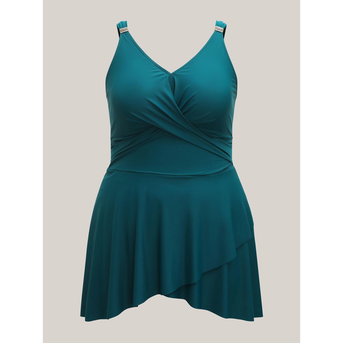 Plus Size Anti-Float Tie Twist Solid Swim Dress Women's Swimwear Teal Beach Bodycon V-neck High stretch Curve Swim Dresses BloomChic 14-16/1X Product Image