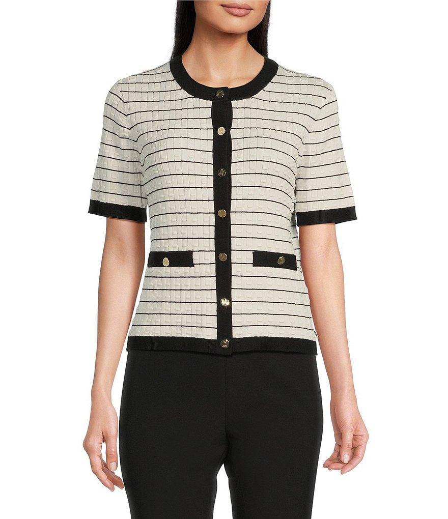 KARL LAGERFELD PARIS Knit Stripe Print Crew Neck Short Sleeve Sweater Product Image