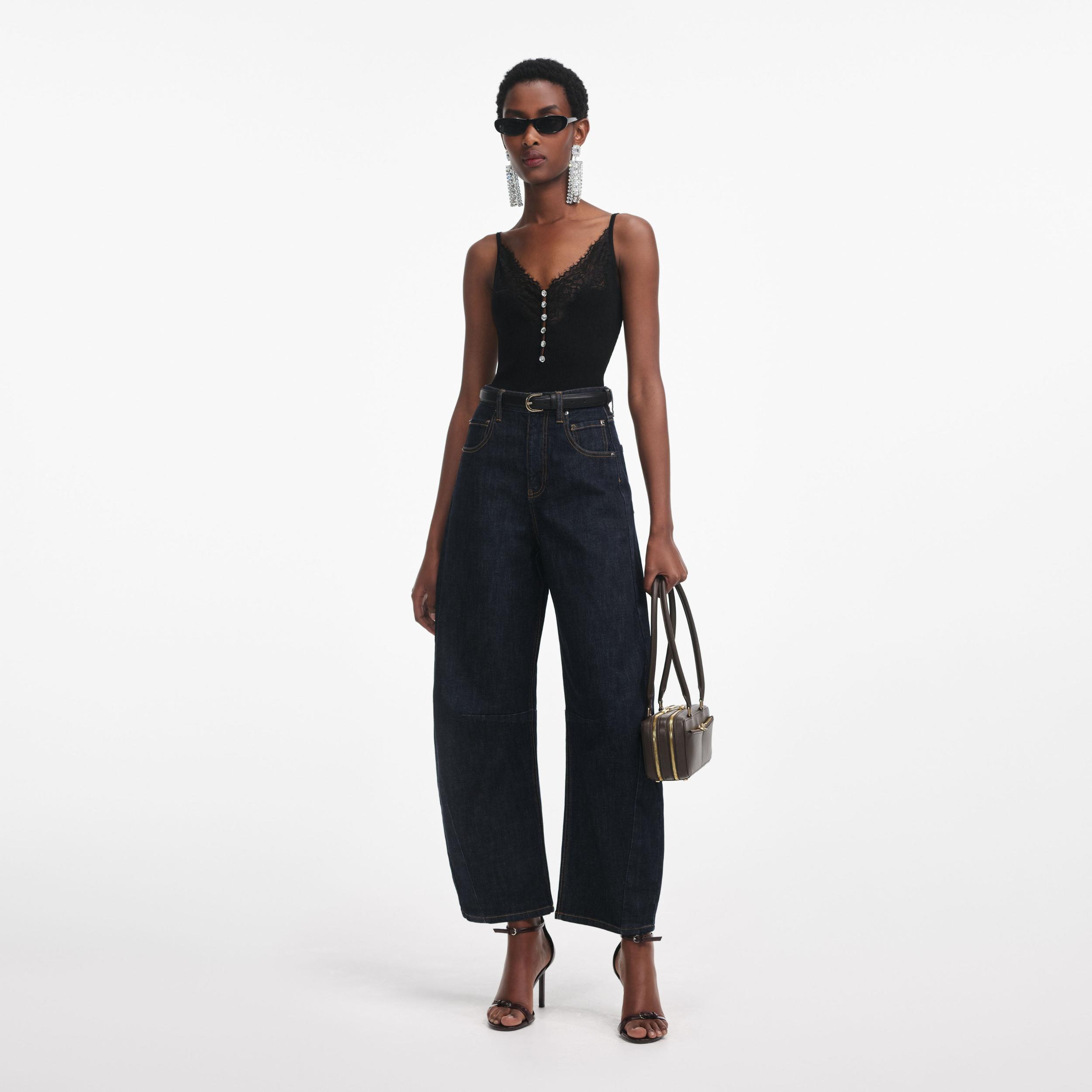 Black Lace Trim Rib Knit Top Product Image