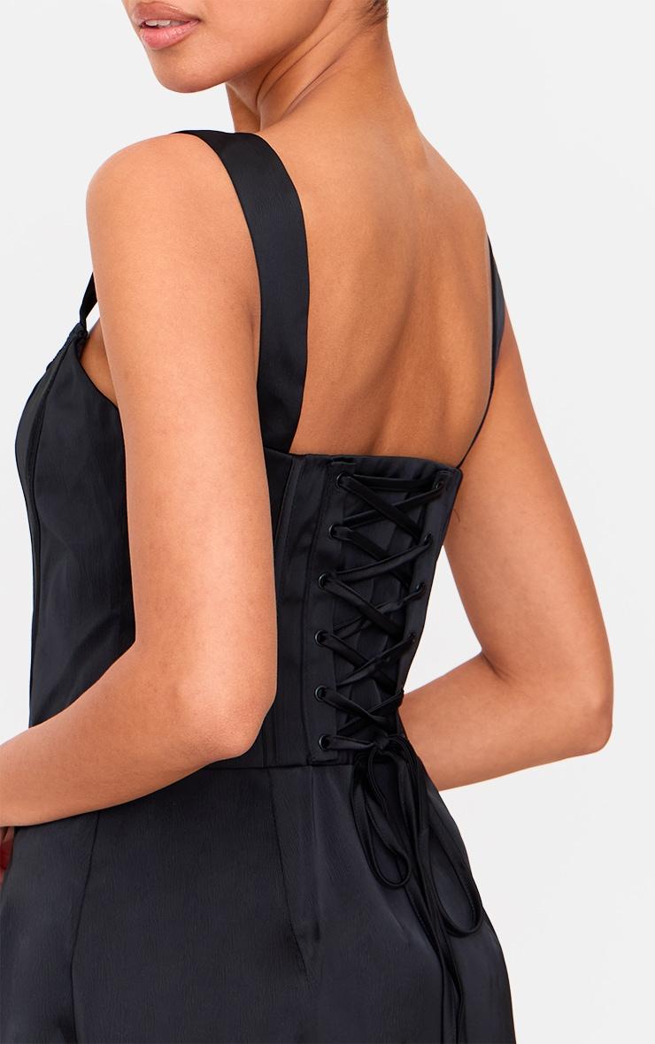 Premium Black Woven Square Neck Lace Back Corset Bodycon Dress Product Image