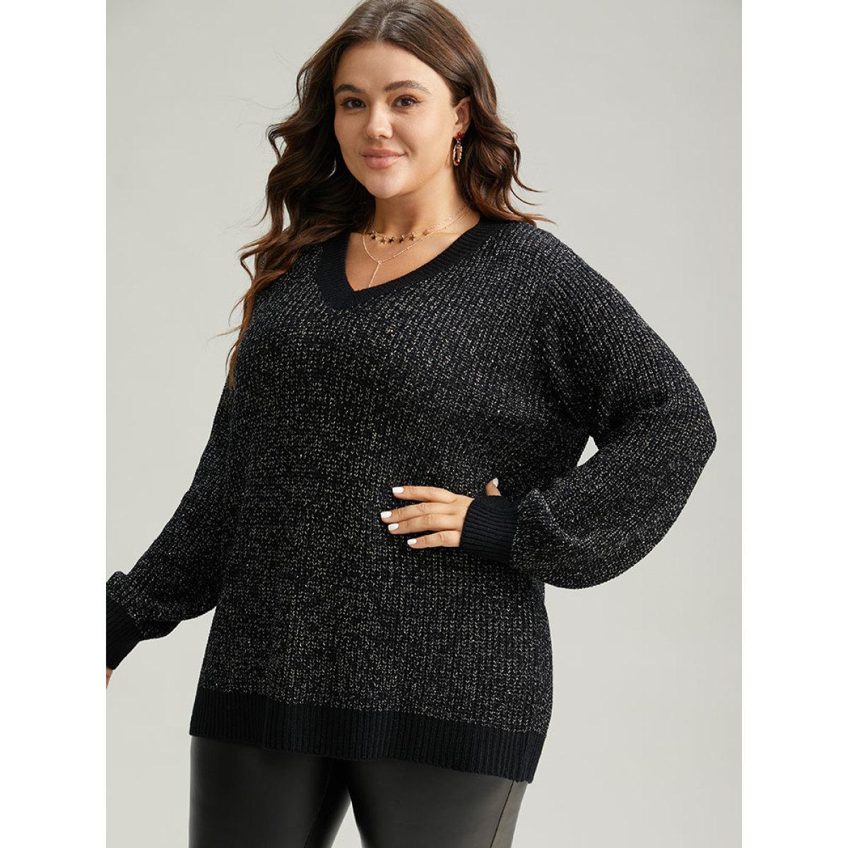 Plus Size Sparkly Elastic Cuffs Loose Pullover Black Women Casual Loose Long Sleeve V-neck Dailywear Pullovers BloomChic 10/M Product Image