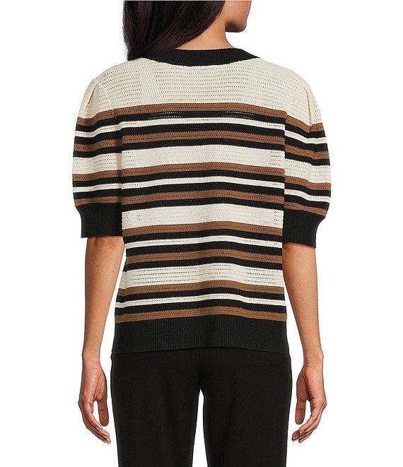 Investments Petite Size Buttercream Stripe Novelty Short Sleeve Crew Neck Sweater Top Product Image