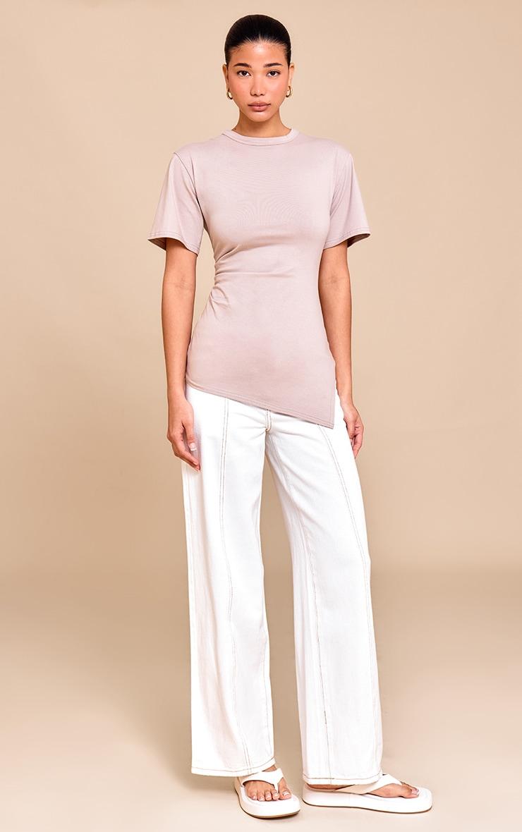 Sand Cotton Ruched Side Asymmetric Hem T-shirt Product Image