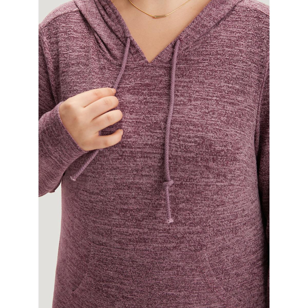 Plus Size Plain Heather Pocket Split Hem Hooded Dress Burgundy Women Casual Plain Hooded Long Sleeve Curvy Midi Dress BloomChic 14-16/1X Product Image