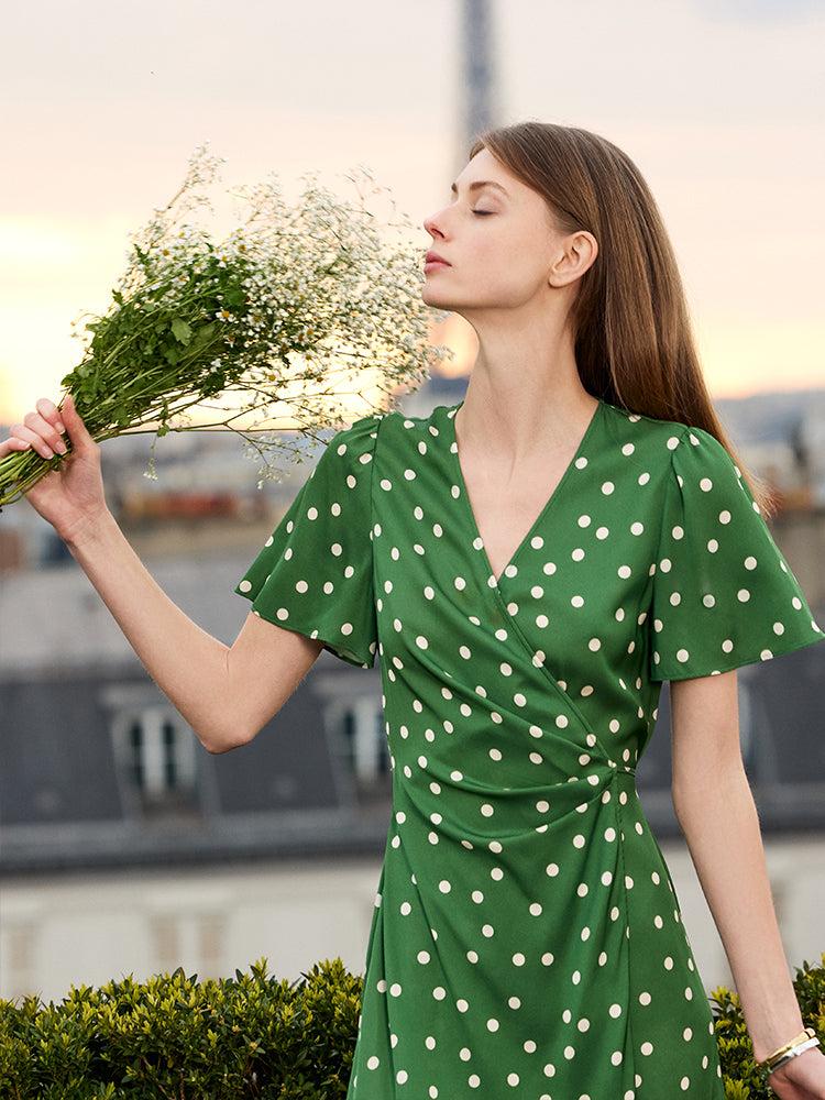 19 Momme Mulberry Silk Polka Dots Print Ruffle Women Mini Dress With S Product Image