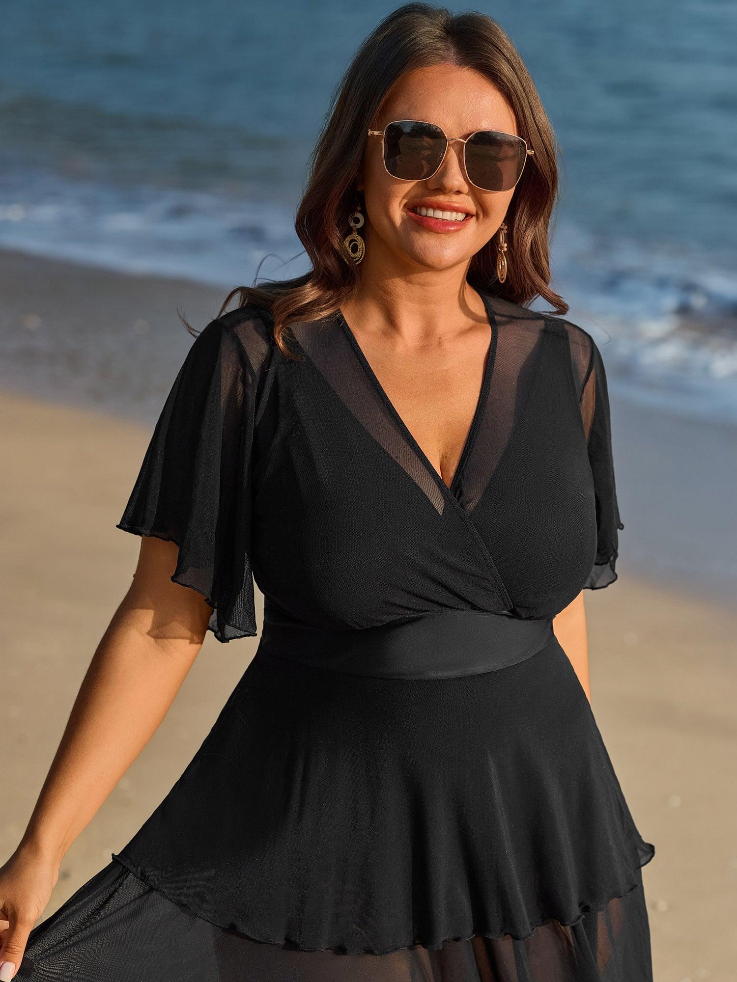 Sheer Ruffled Sleeve Layered Swim Dress Female Product Image