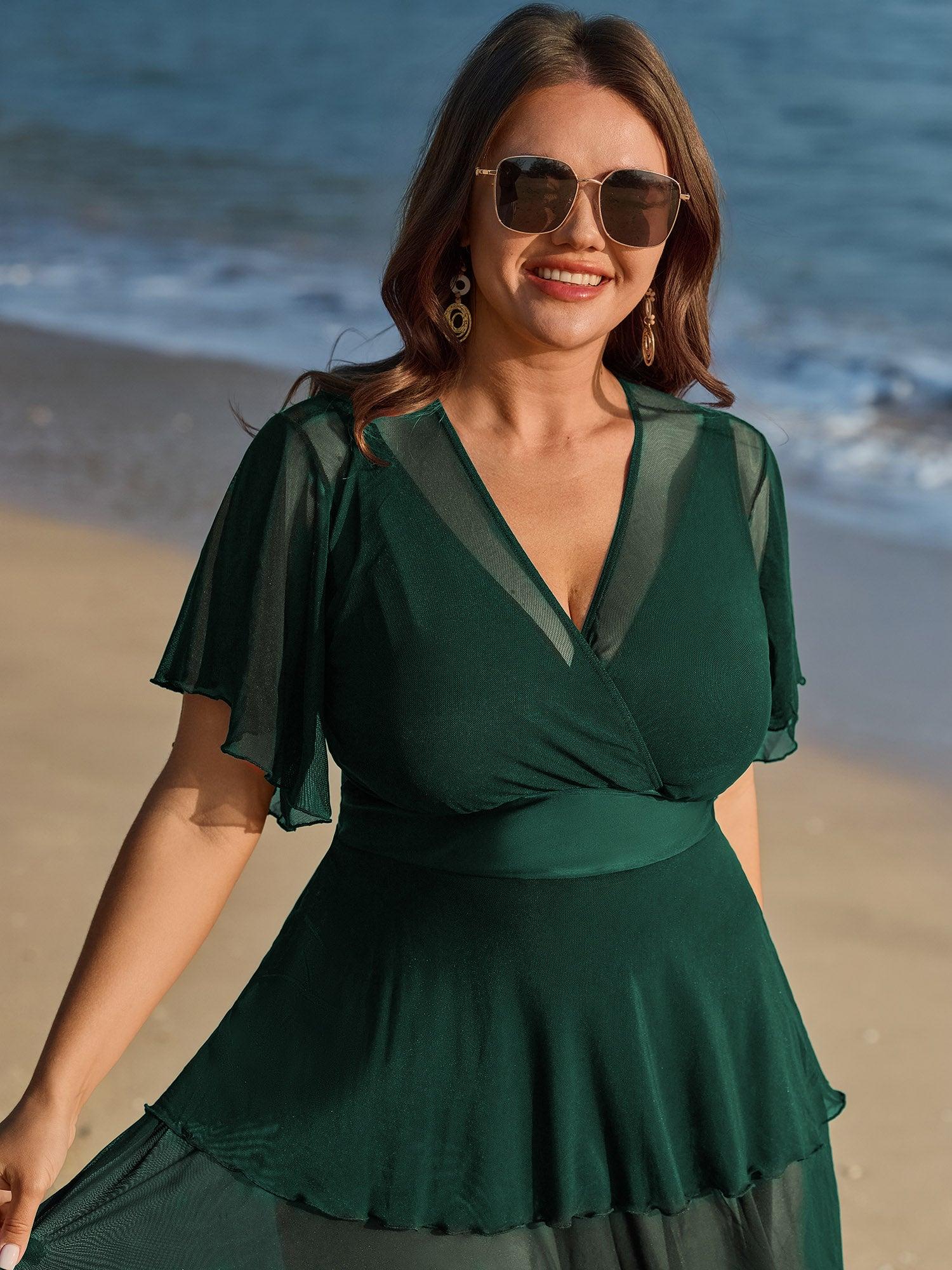 Sheer Ruffled Sleeve Layered Swim Dress Female Product Image