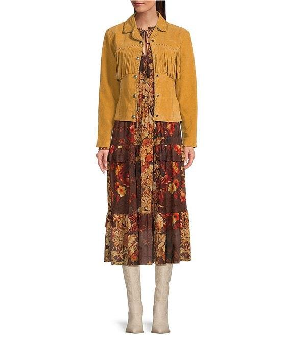 Scully Suede Leather Whipstitch Collar Fringe Jacket Product Image