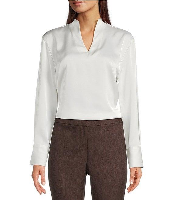 Calvin Klein Charmeuse Deep V-Neck Long Sleeve Blouse Product Image