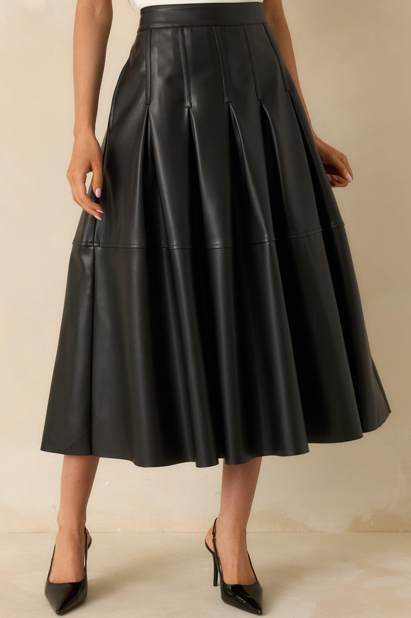 Cut To Perfection Black Faux Leather Pleated Midi Skirt Product Image