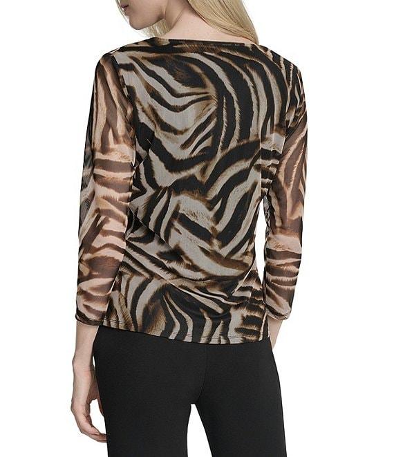 DKNY by Donna Karan Animal Printed Mesh 3/4 Sleeve Faux Wrap Top Product Image