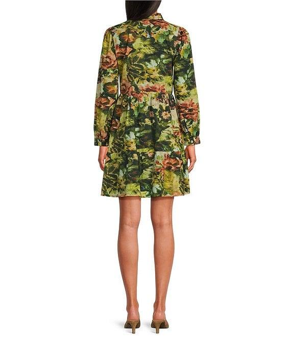 Ro's Garden Romy Floral Print Point Collar Button Front Long Sleeve Tiered Above the Knee A-Line Dress Product Image