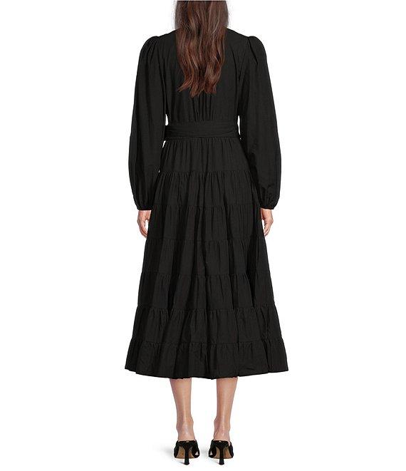 Gibson & Latimer Woven Poplin V-Neck Long Blouson Sleeve Tie at Side Wrap A-Line Flounce Midi Dress Product Image