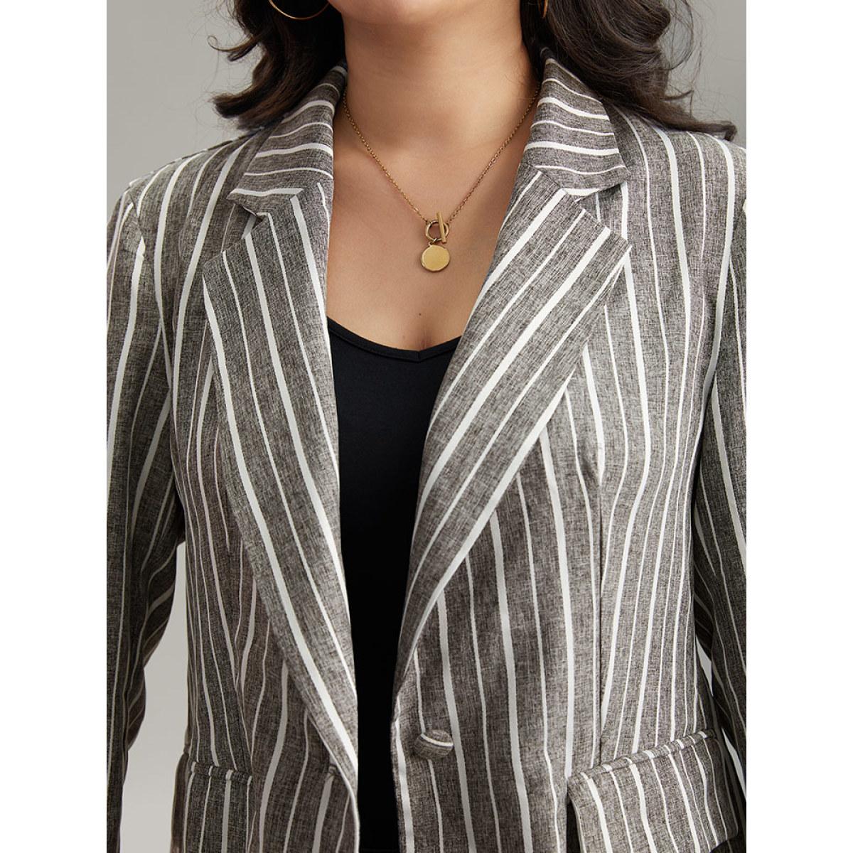 Plus Size Striped Suit Collar Button Up Blazer DimGray Women Dailywear Striped Contrast Sleeve Long Sleeve Suit Collar 10/M Pocket Casual Blazers BloomChic Product Image