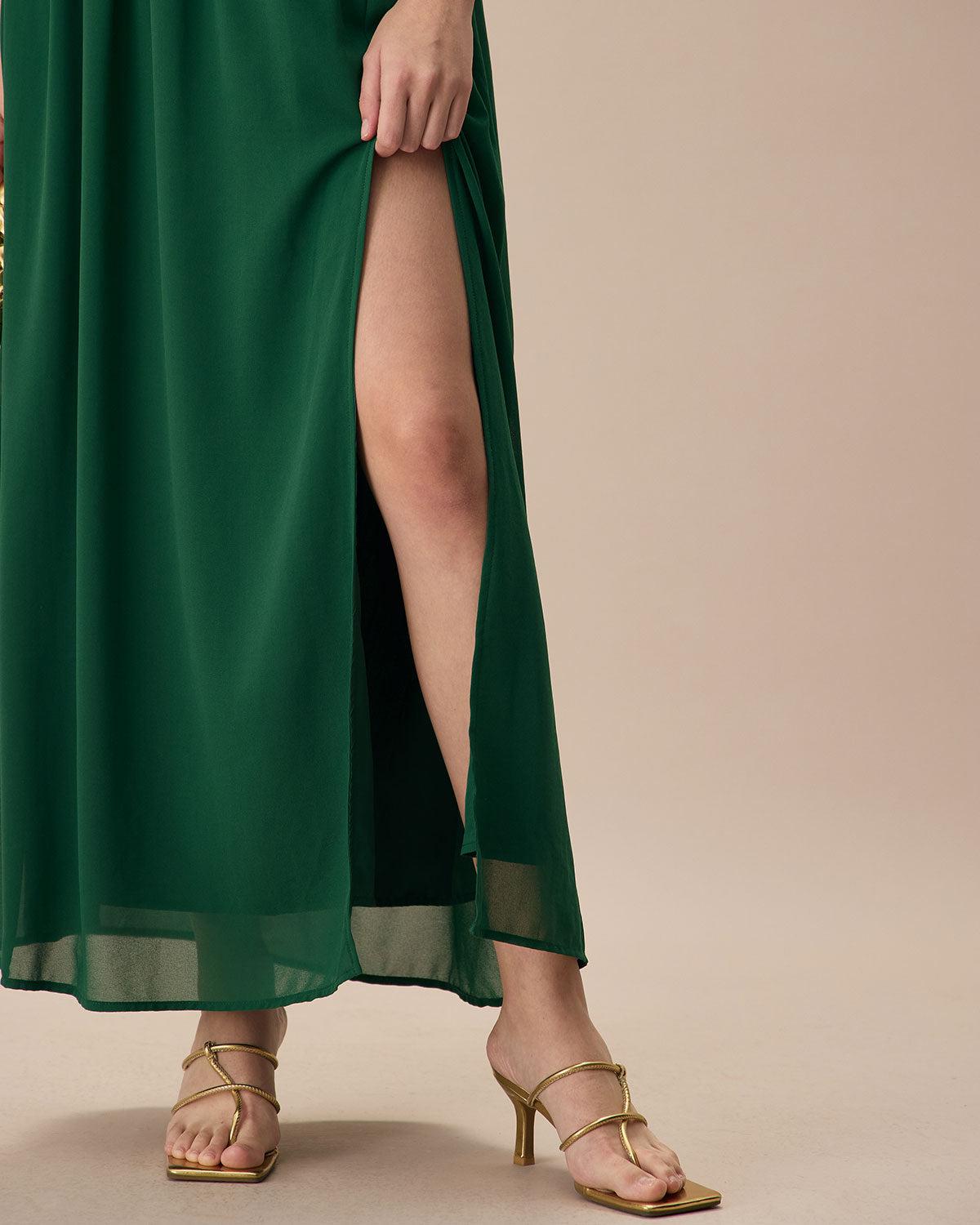 The Green Sweetheart Neck Ruched Maxi Dress Product Image