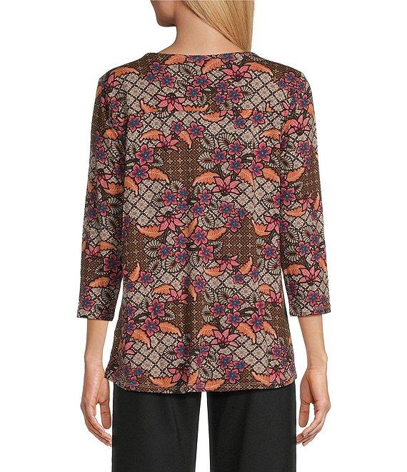 Intro Knit Jersey Beaujolais Floral Batik Print 3/4 Sleeve Pleated Neck Tee Product Image