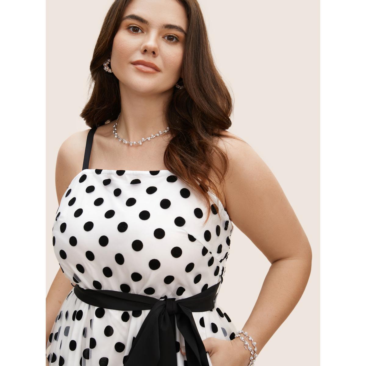 Plus Size Polka Dot Mesh Belted Cami Dress WhiteSmoke Women Elegant Woven ribbon&lace trim Non Sleeveless Curvy BloomChic 10/M Product Image