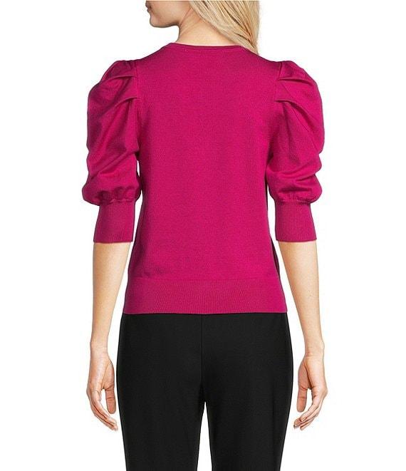 DKNY by Donna Karan Pleated Puffed Elbow Length Sleeve V-Neck Knit Top Product Image