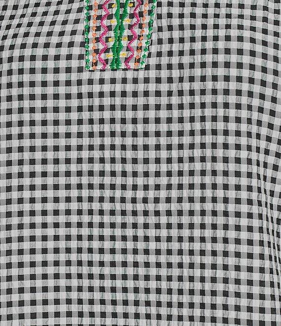 Calessa Embroidered Printed Split V-Neck Short Sleeve Ruffle Tunic Product Image