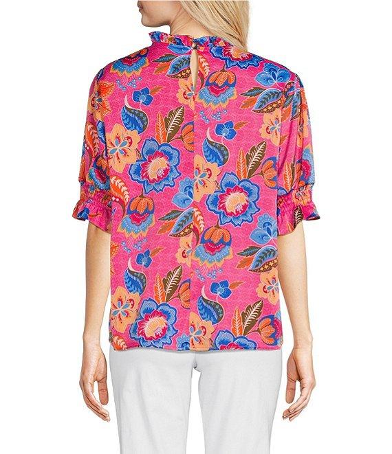 Ali Miles Floral Ruffle Round Neck Elbow Sleeve Print Popover Tunic Product Image