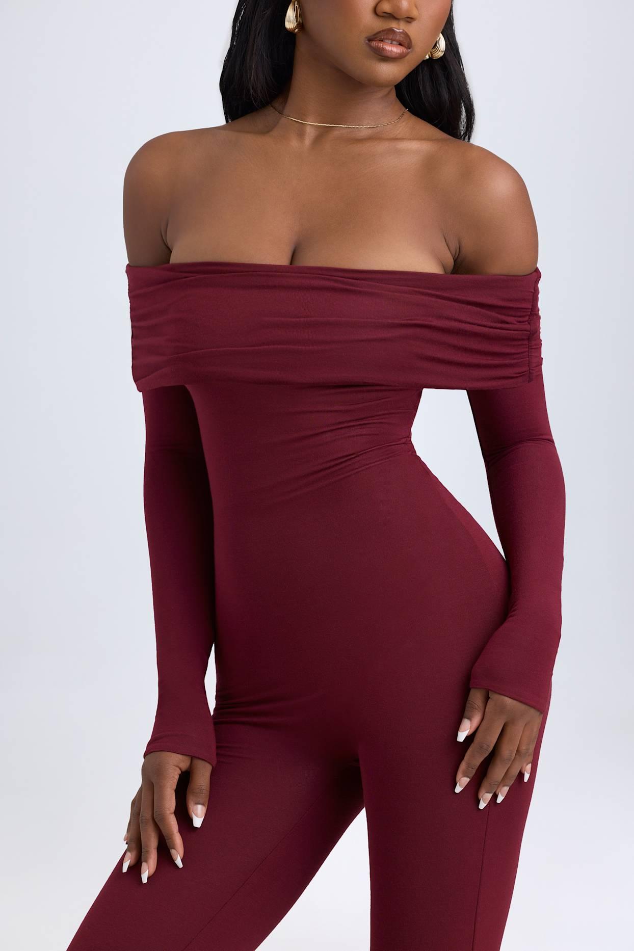 Modal Off-Shoulder Ruched Jumpsuit in Wine Red Product Image