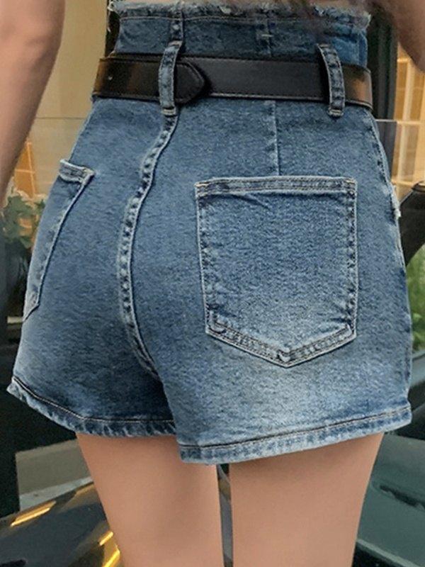 High Waist Frayed Denim Shorts Product Image
