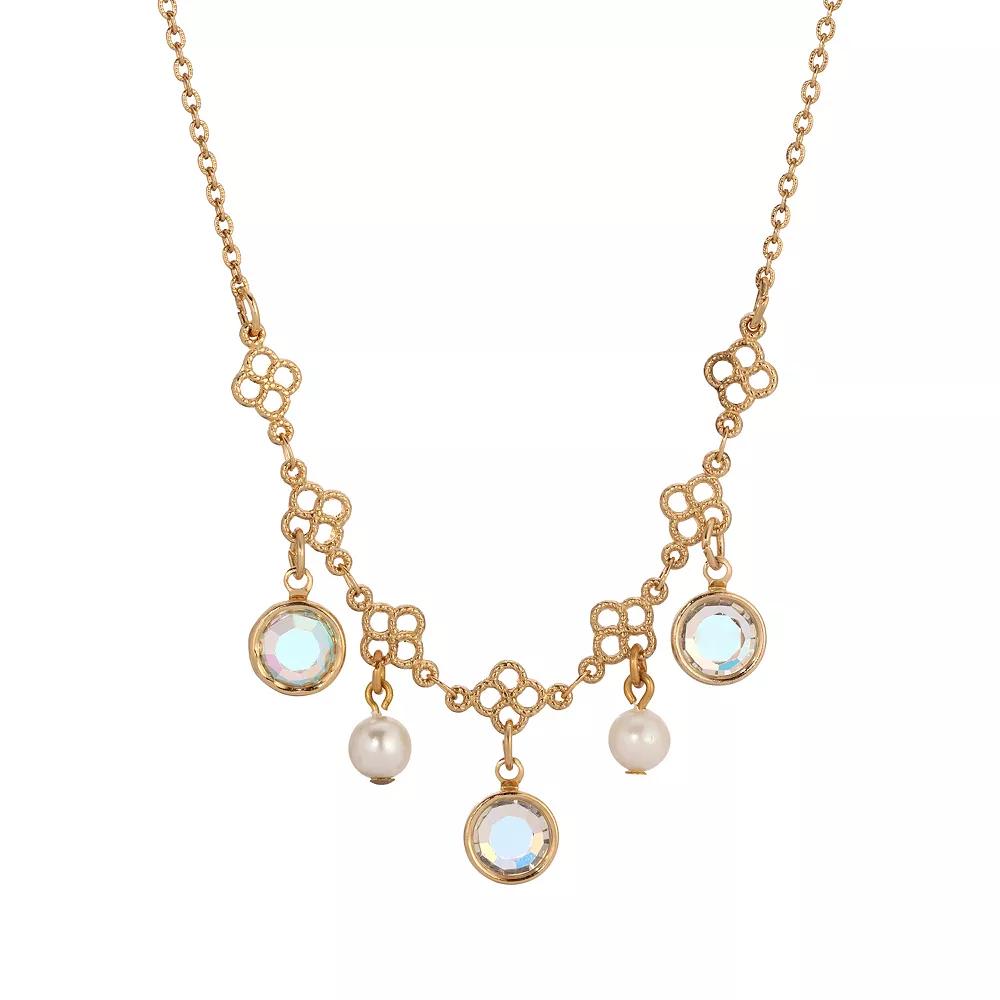 1928 Gold Tone Filigree Crystal & Simulated Pearl Collar Necklace, Womens, White Product Image