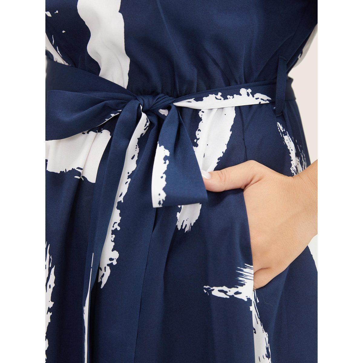Plus Size Brush Print Keyhole Belted Pocket Flutter Dress DarkBlue Women At the Office Non Round Neck Short sleeve Curvy Midi Dress BloomChic 12/L Product Image