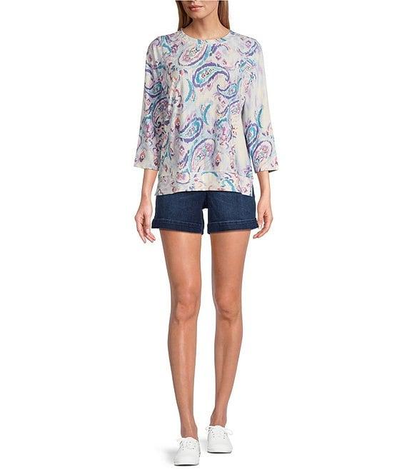Westbound Petite Size Hazy Paisley Knit 3/4 Sleeve Crew Neck Ribbed Detail Multi Print Top Product Image