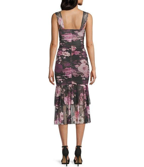 Honey and Rosie Floral Printed Mesh V-Notch Neck Ruffle Hem Midi Dress Product Image