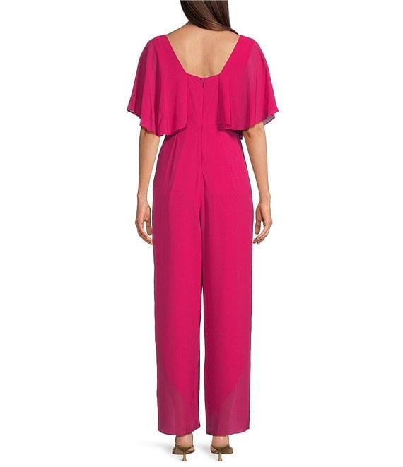 Kensie Chiffon Surplice V-Neck Short Flutter Sleeve Ruffle Overlay Wide Leg Jumpsuit Product Image