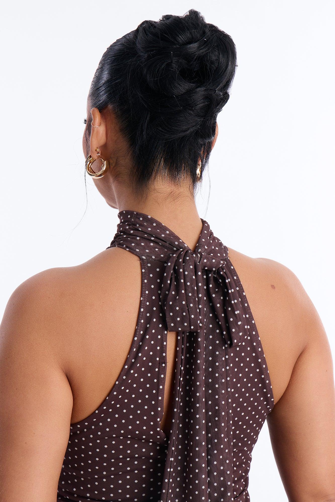 Tessa Polka Dot Mesh Midi Dress - Brown/combo Female Product Image