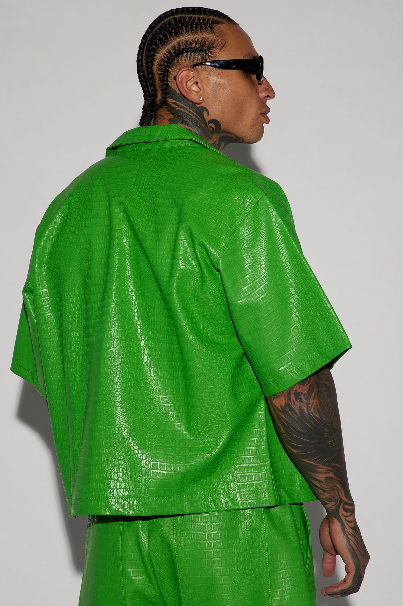 Gotta Run Faux Croc Leather Cropped Button Up Shirt - Green Product Image