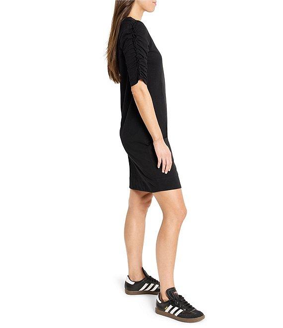 NIC + ZOE Knit Round Neck Ruched Elbow Sleeve Sheath Dress Product Image