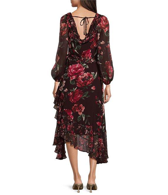 Alex Marie Birdie Chiffon Floral Print Ruch Cowl Neck Long Sleeve Tie Waist Ruffled Asymmetric Midi Flare Dress Product Image