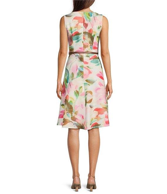 Calvin Klein Scuba Split V Neck Sleeveless Belted Floral Sheath Dress Product Image