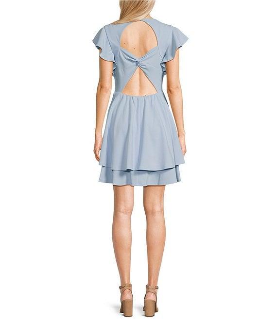 Next Up Short Flutter Sleeve V-Neck Back Twist Cut Out Loop And Button Solid Dress Product Image