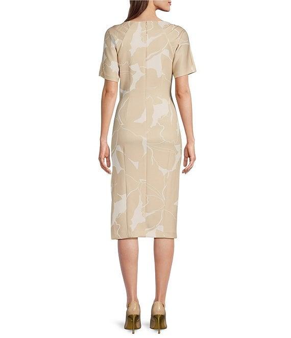 Donna Karan Ruched Short Sleeve Boat Neck Floral Scuba Sheath Dress Product Image
