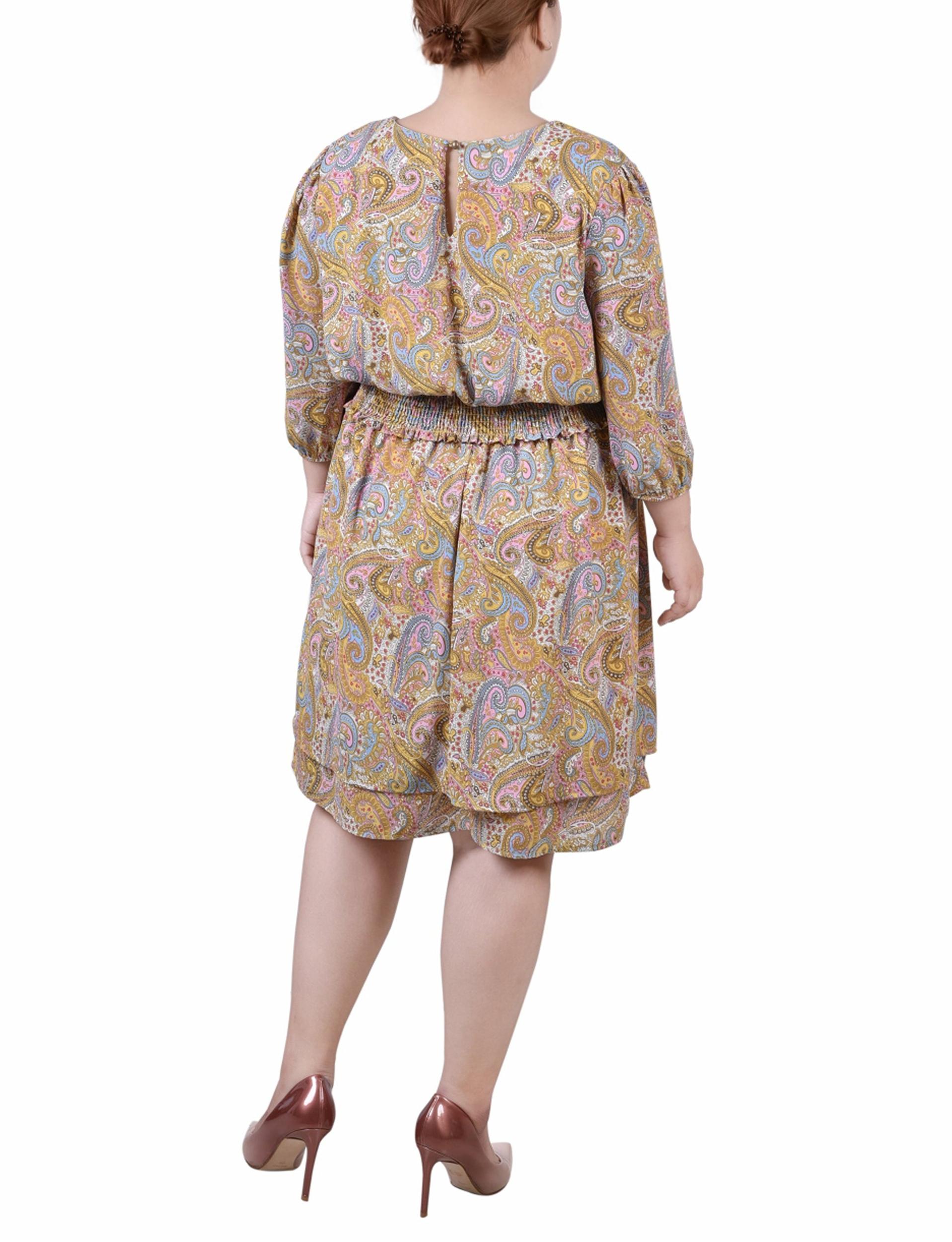 Yellow 3/4 Sleeve Dobby Smocked Waist Dress - Plus Size Product Image