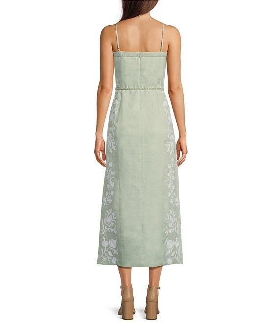 Le' AL.X Linen Embroidered Square Neck Sleeveless Spaghetti Strap Braided Belt Column Side Slit Maxi Coordinating Dress Product Image