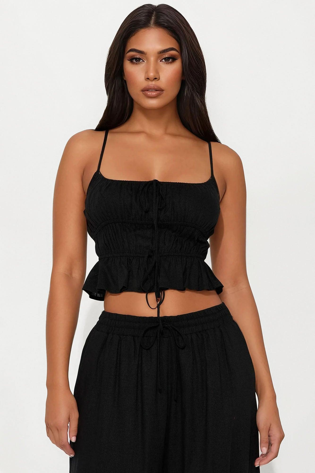 Romance Linen Wide Leg Pant Set - Black Female Product Image