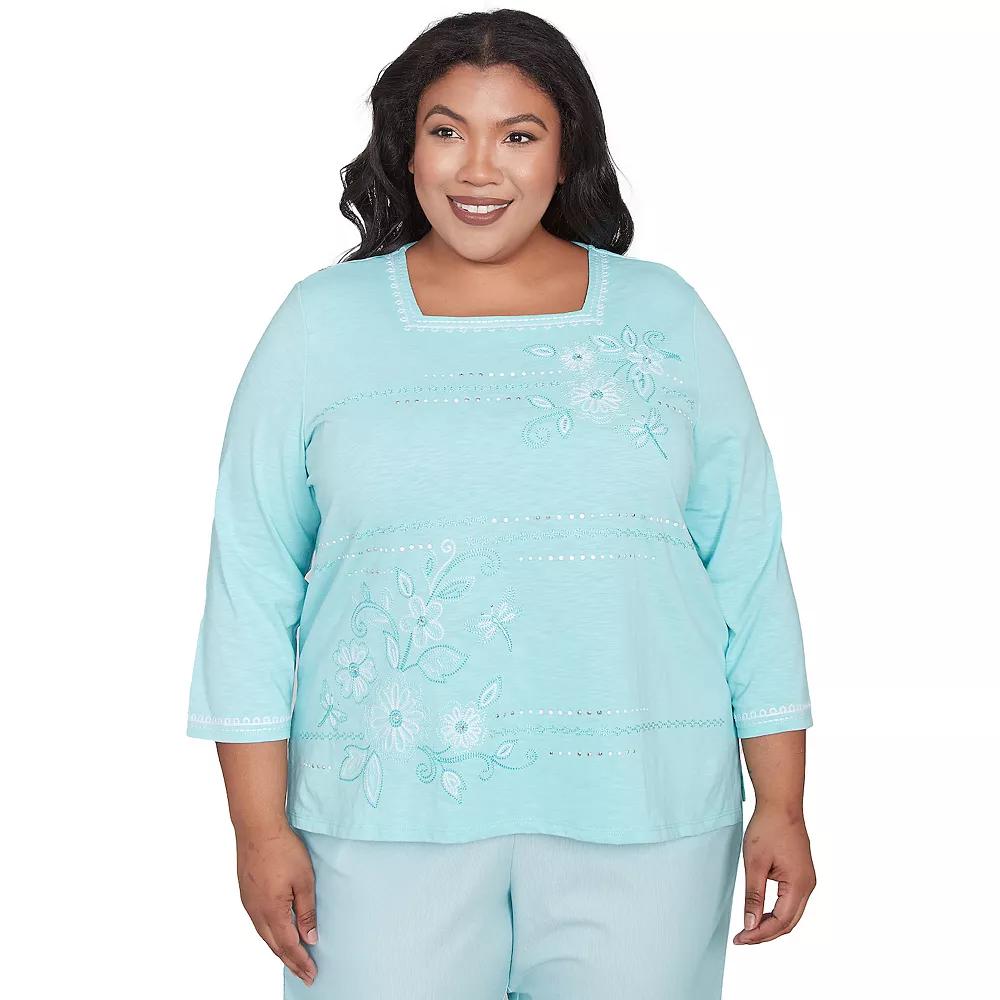 Plus Size Alfred Dunner Asymmetrical Dragonfly Embroidery Top, Women's, Size: 2XL, Green Product Image